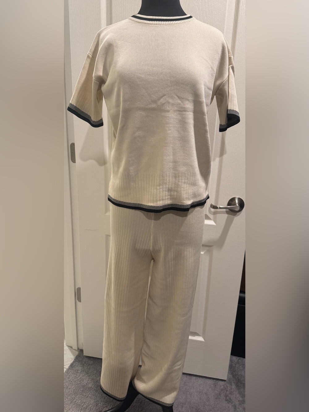 Cream Knitted Pants Set with Black Trim